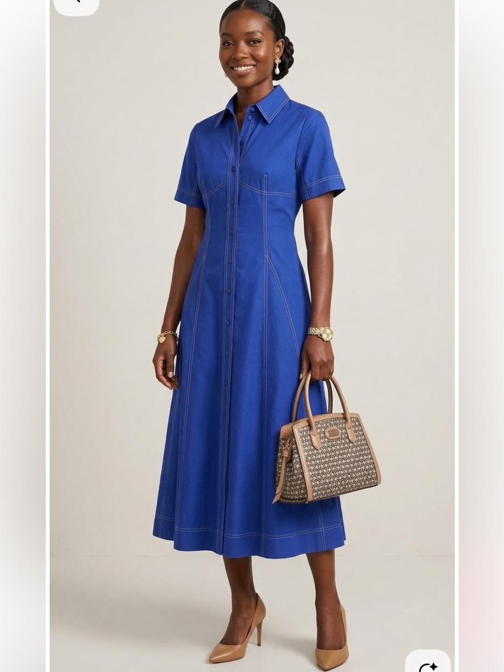 NWT Exquise Short-Sleeve Seamed Pleated Midi Dress